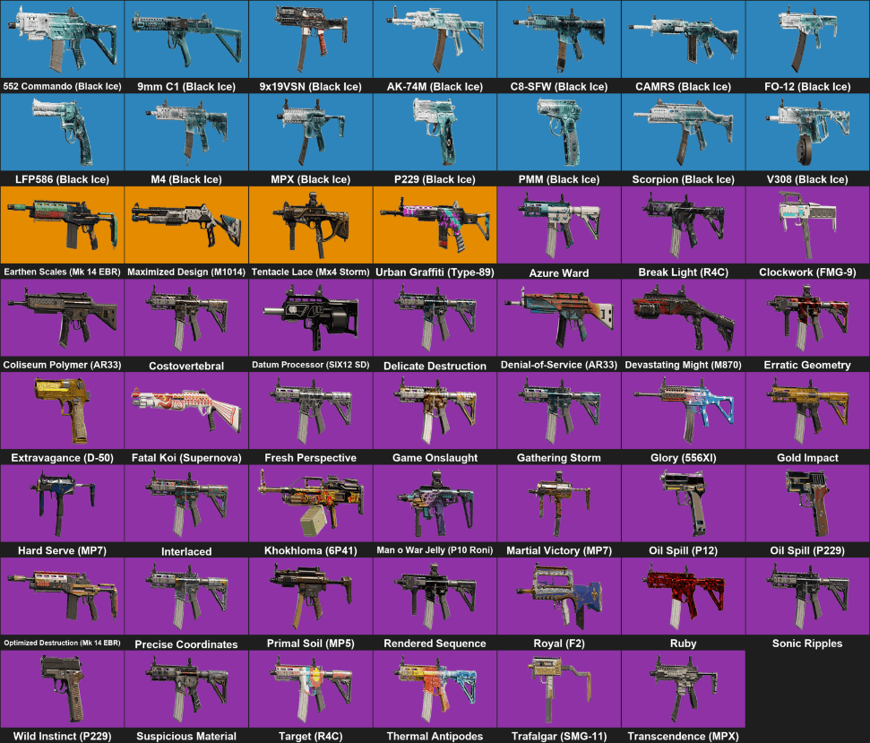 【PC/PSN/XBOX】89 Skins | 14 Black Ice | 13 Seasonals | 3 ProLeague | 4 Universals | 4 Elites | 101 LVL