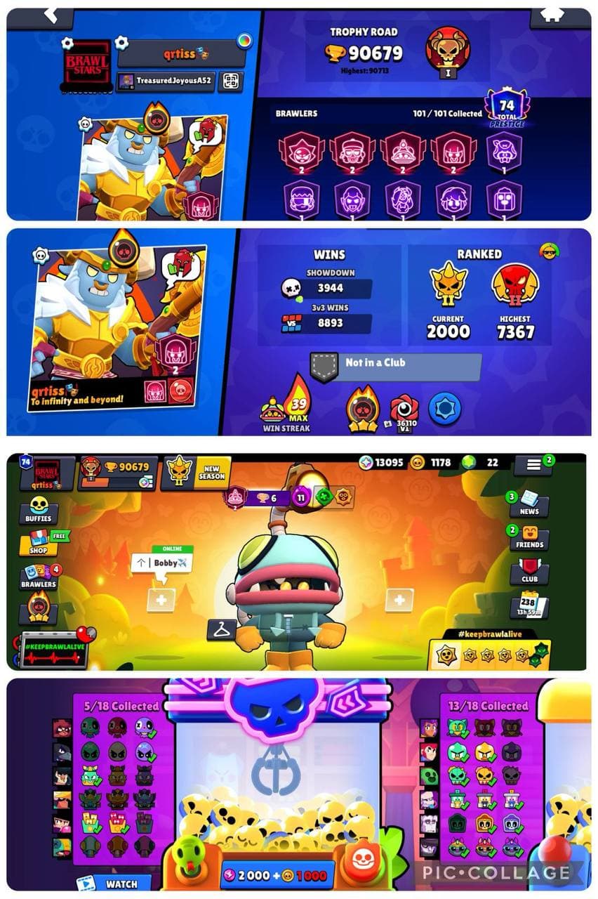 512 SKINS, MATCHERINO PIN, METEORIC FAME 3, 3v3 - 8.8K+ , 90.6k+ TROPHY, 74 PRESTIGE, 75 MAX & 70 HYPER, 101 BRAWLERS, 18 BUFFIES, 1500 PINS, VB30