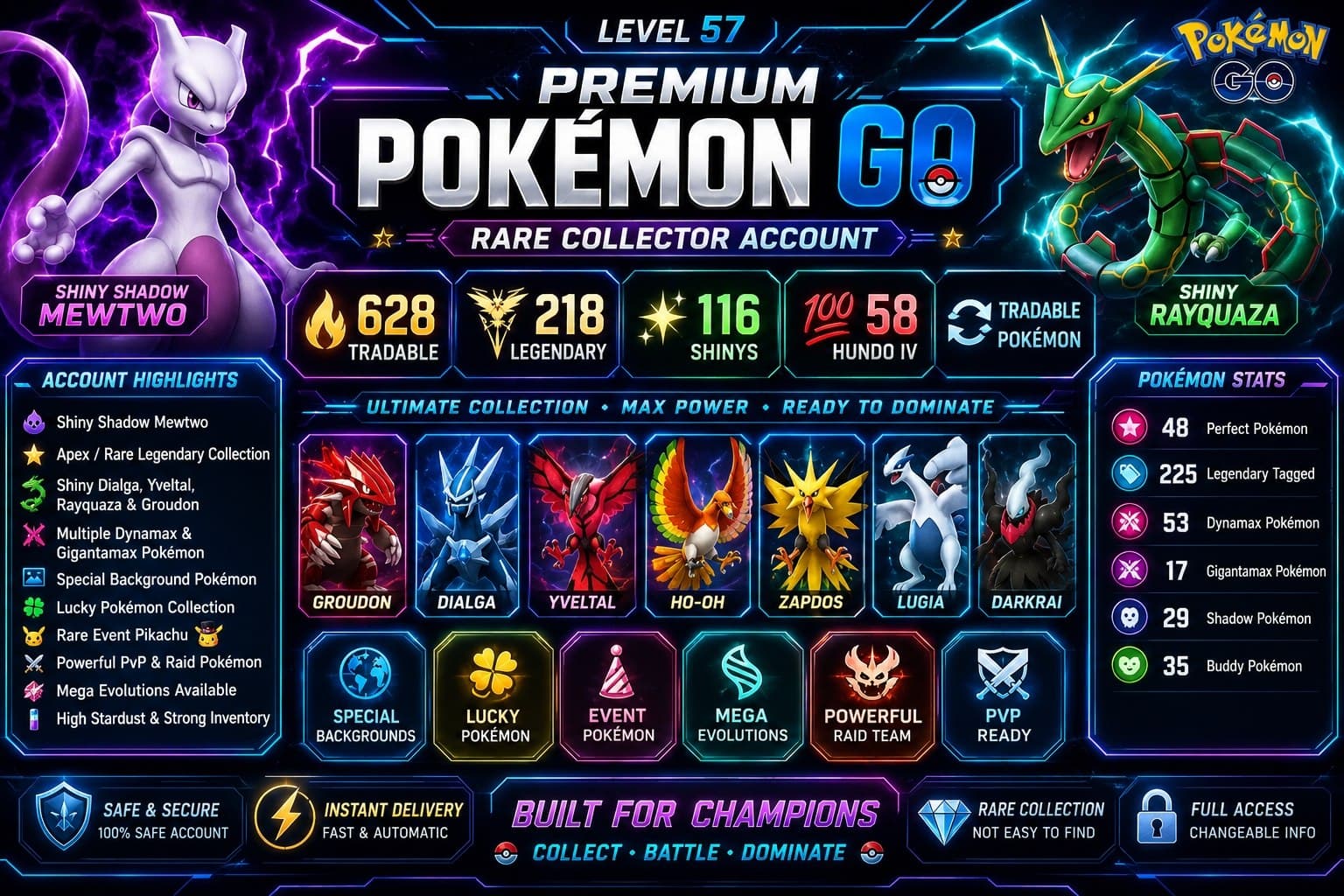 LEVEL 57 RARE PG ACCT | SHINY SHADOW MEWTWO APEX | 58 HUNDO IV) 116 SHINY | 218 LEGENDARY | 628 TRADABLE | RARE ACC