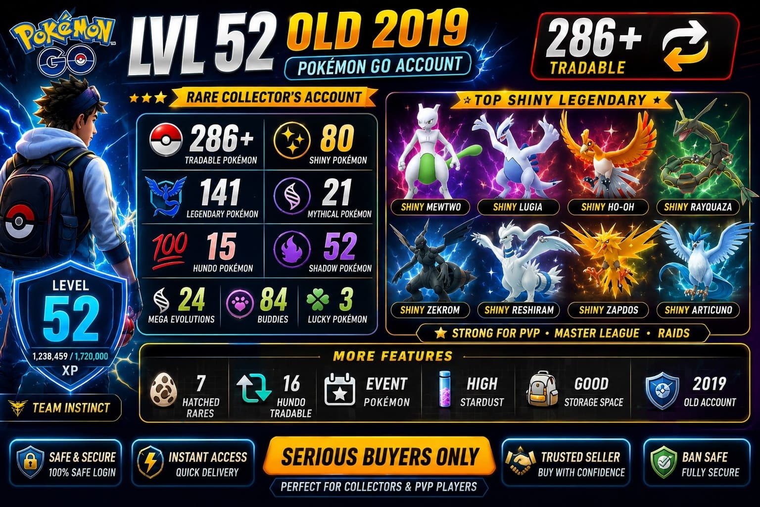 OLD ACCT 2019 PG LVL 52 | SHINY MEWTWO LUGIA HO-OH | 80 SHINY | 141 LEGENDARY | 286 TRADABLE | 15 HUNDO | RARE ACCT