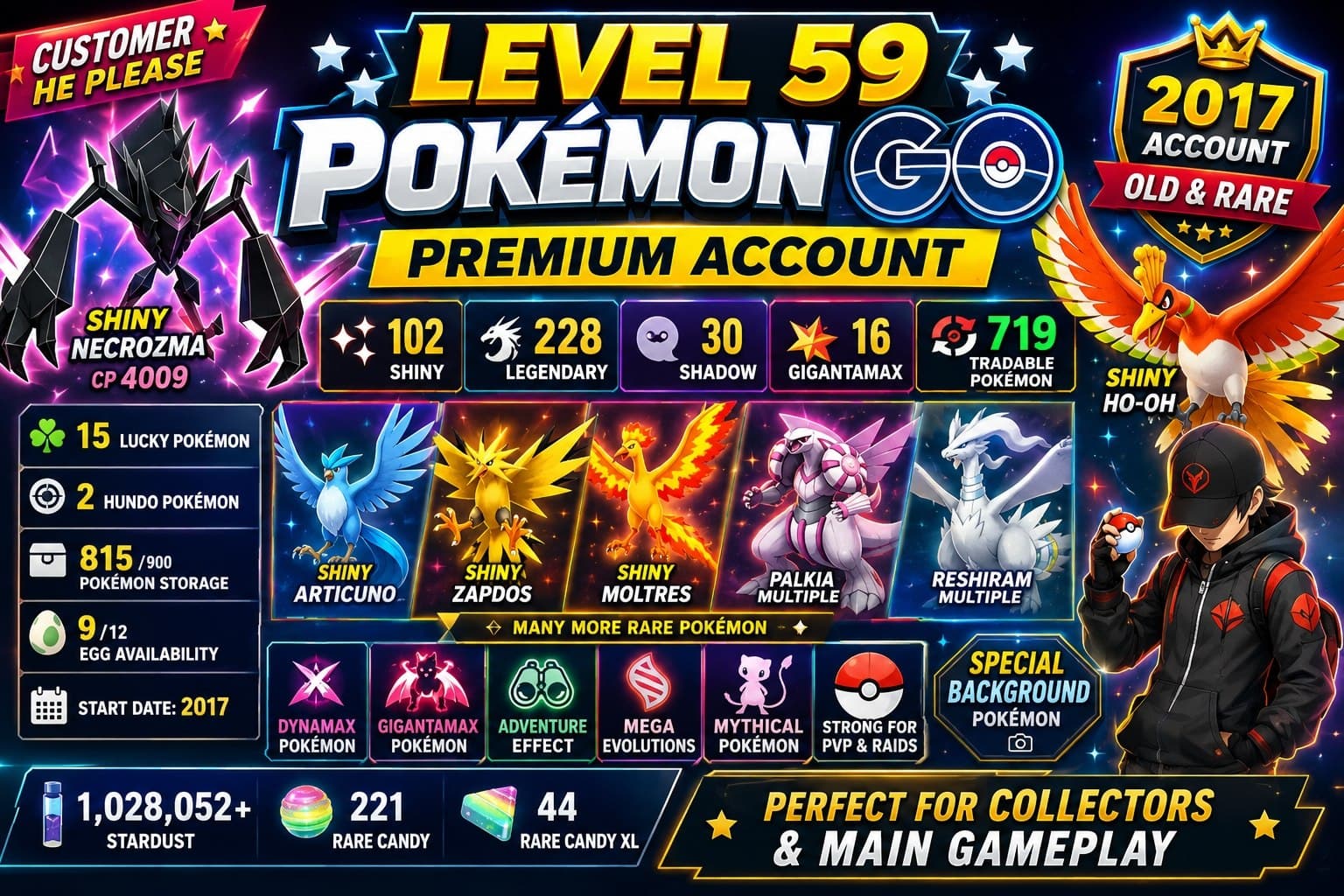2017 OLD RARE LVL 59) 719 TRADEABLE PG) HO-OH ZAPDOS PG RARE) 228 LEGENDRY | RARE COLLECTOR